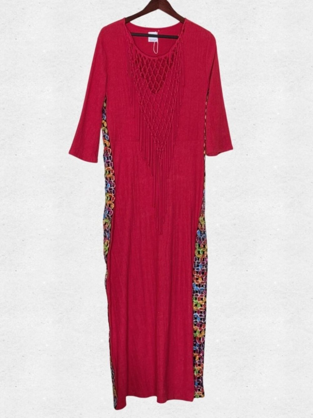 Zara Red Crochet Neck Knotted Macrame Gauzy Maxi Dress Medium 3/4 Sleeves